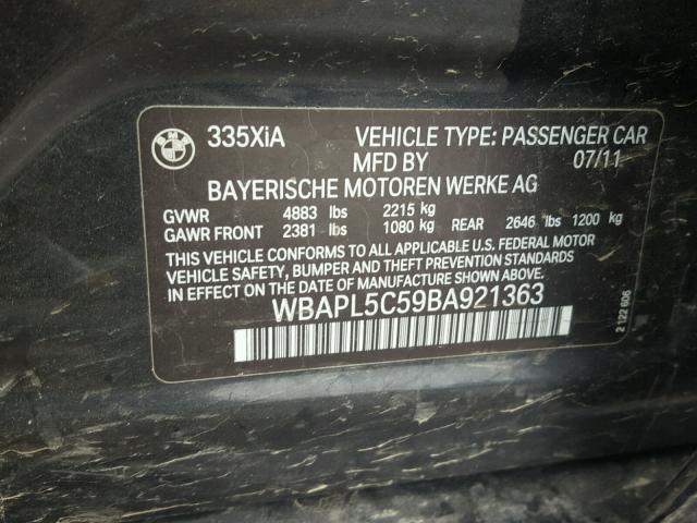 WBAPL5C59BA921363 - 2011 BMW 335 XI BLACK photo 10