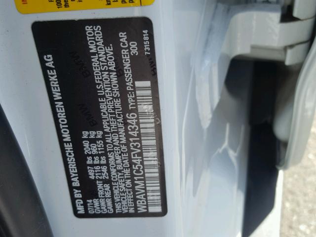 WBAVM1C54FV314346 - 2015 BMW X1 SDRIVE2 WHITE photo 10