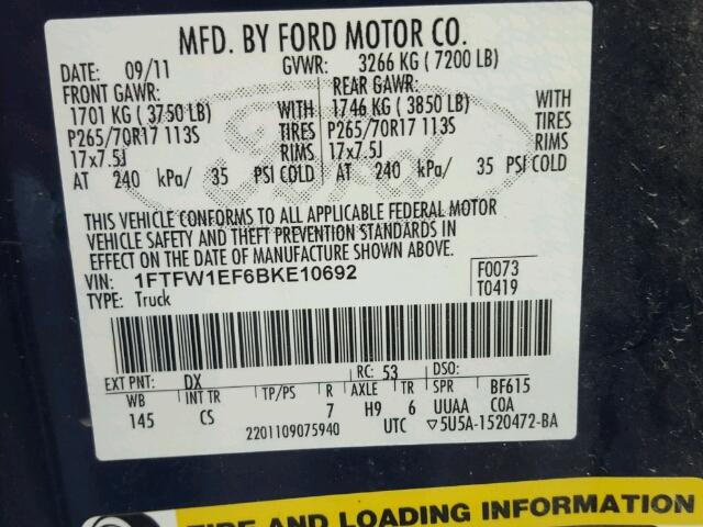 1FTFW1EF6BKE10692 - 2011 FORD F150 BLUE photo 10