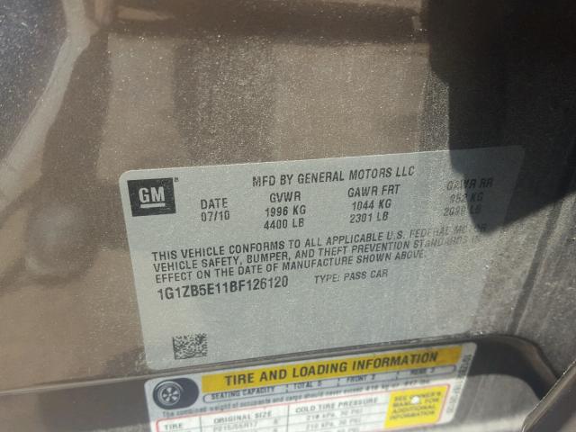 1G1ZB5E11BF126120 - 2011 CHEVROLET MALIBU LS თაფლისფერი ფოტო 10