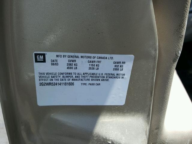 2G2WR524141181606 - 2004 PONTIAC GRAND PRIX ოქროსფერი ფოტო 10