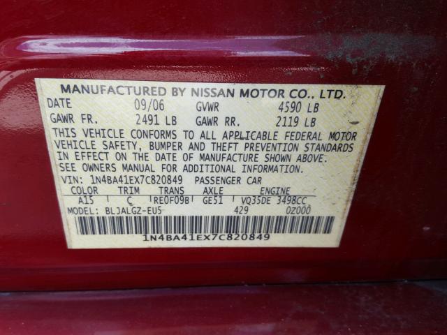 1N4BA41EX7C820849 - 2007 NISSAN MAXIMA SE RED photo 10