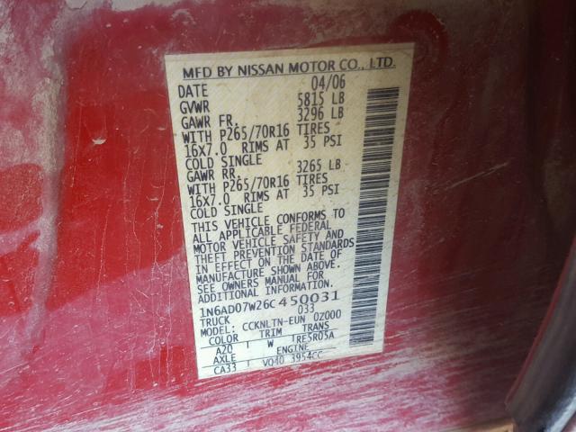1N6AD07W26C450031 - 2006 NISSAN FRONTIER C RED photo 10