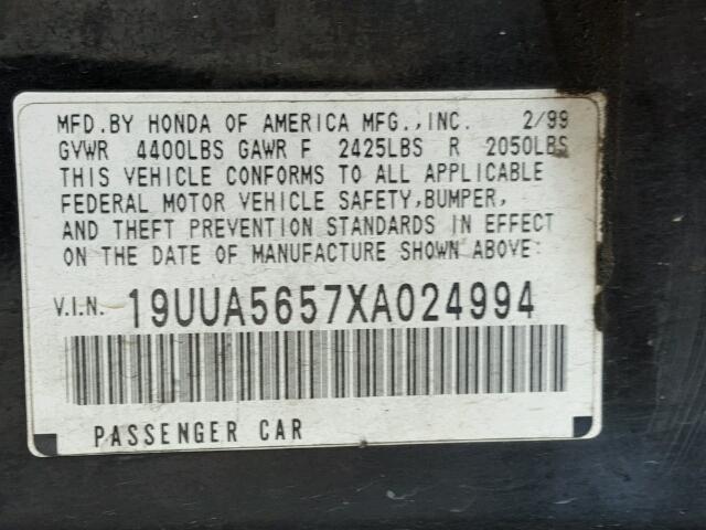 19UUA5657XA024994 - 1999 ACURA 3.2TL BLACK photo 10