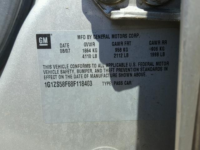 1G1ZS58F68F118403 - 2008 CHEVROLET MALIBU LS 银色 照片 10