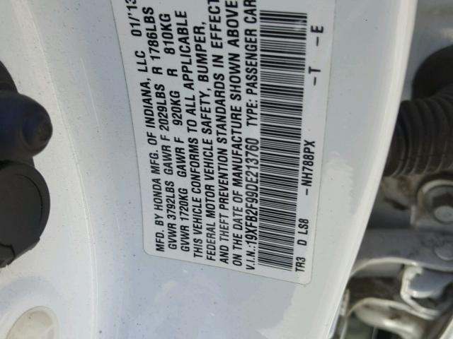 19XFB2F99DE213760 - 2013 HONDA CIVIC EXL WHITE photo 10