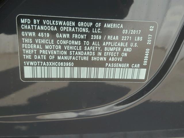 1VWDT7A3XHC063950 - 2017 VOLKSWAGEN PASSAT R-L CHARCOAL photo 10