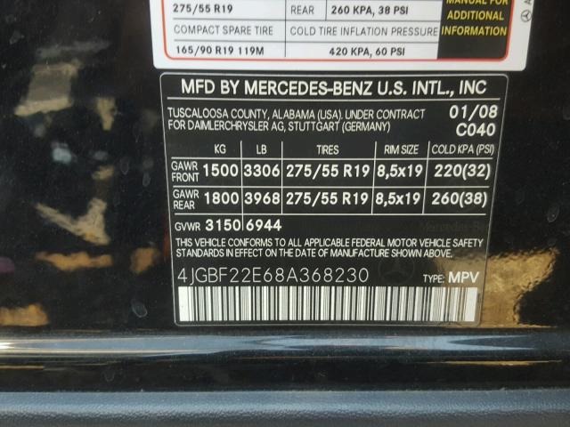 4JGBF22E68A368230 - 2008 MERCEDES-BENZ GL 320 CDI BLACK photo 10