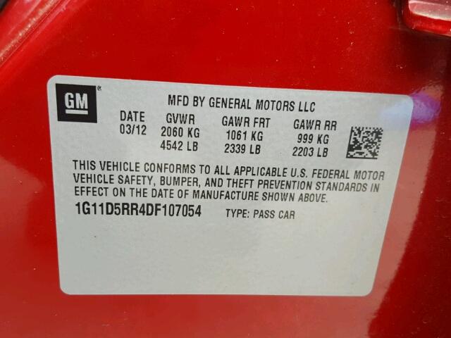 1G11D5RR4DF107054 - 2013 CHEVROLET MALIBU 1LT 红色 照片 10