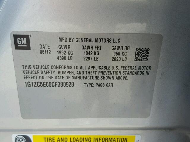 1G1ZC5E06CF380928 - 2012 CHEVROLET MALIBU 1LT 银色 照片 10