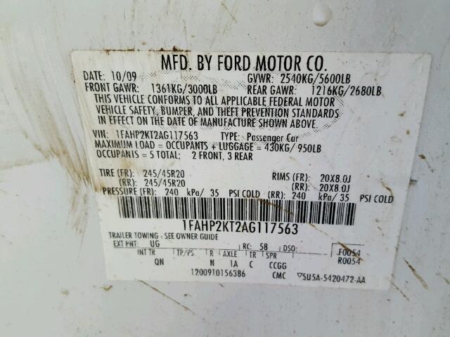 1FAHP2KT2AG117563 - 2010 FORD TAURUS SHO WHITE photo 10