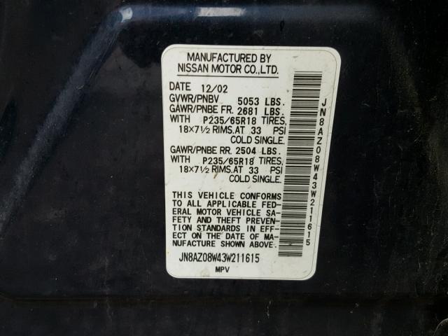 JN8AZ08W43W211615 - 2003 NISSAN MURANO SL BLUE photo 10