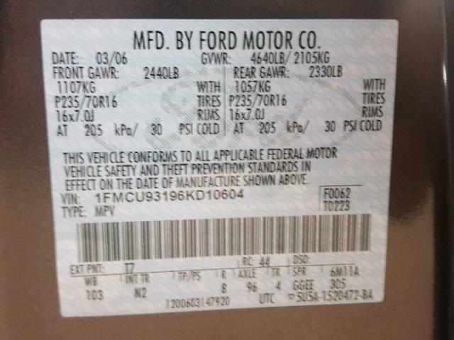 1FMCU93196KD10604 - 2006 FORD ESCAPE XLT GRAY photo 10