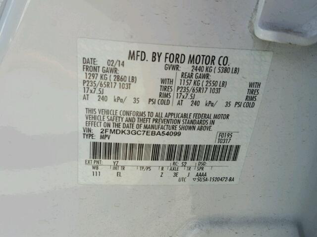 2FMDK3GC7EBA54099 - 2014 FORD EDGE SE WHITE photo 10