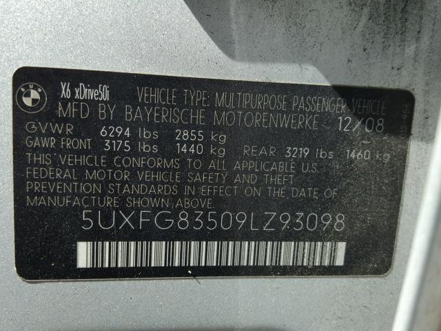 5UXFG83509LZ93098 - 2009 BMW X6 SILVER photo 10