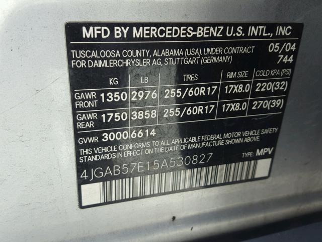 4JGAB57E15A530827 - 2005 MERCEDES-BENZ ML 320 SILVER photo 10