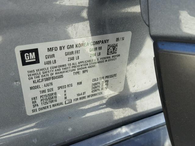 KL4CJFSB0FB045605 - 2015 BUICK ENCORE CON GRAY photo 10