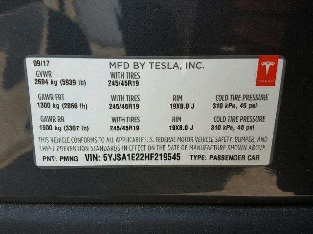 5YJSA1E22HF219545 - 2017 TESLA MODEL S CHARCOAL photo 10
