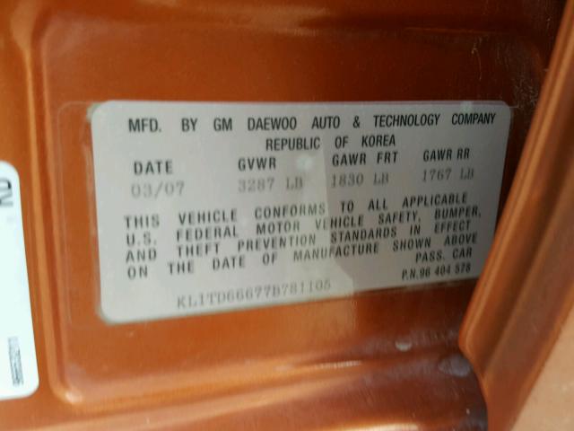 KL1TD66677B781105 - 2007 CHEVROLET AVEO BASE Narıncı foto 10