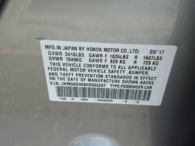 JHMGK5H58HS023207 - 2017 HONDA FIT LX SILVER photo 10