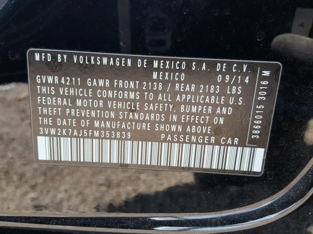 3VW2K7AJ5FM353839 - 2015 VOLKSWAGEN JETTA BASE 黑色 照片 10