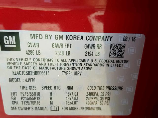 KL4CJCSB2HB006614 - 2017 BUICK ENCORE ESS RED photo 10