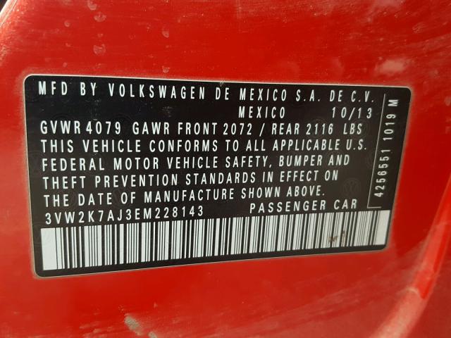 3VW2K7AJ3EM228143 - 2014 VOLKSWAGEN JETTA BASE Կարմիր լուսանկար 10