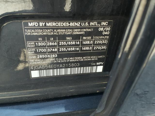 4JGAB54E0YA215803 - 2000 MERCEDES-BENZ ML 320 BLACK photo 10