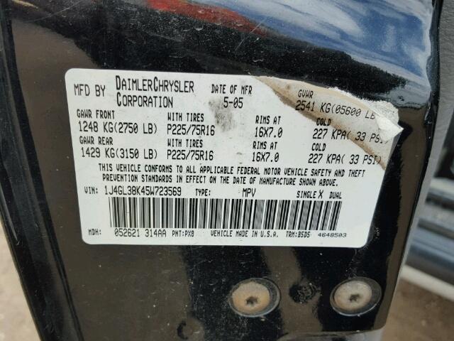 1J4GL38K45W723569 - 2005 JEEP LIBERTY RE BLACK photo 10