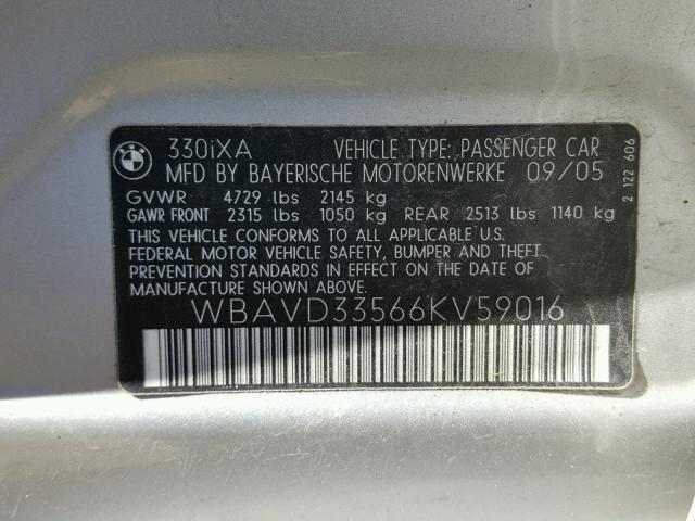 WBAVD33566KV59016 - 2006 BMW 330 XI SILVER photo 10