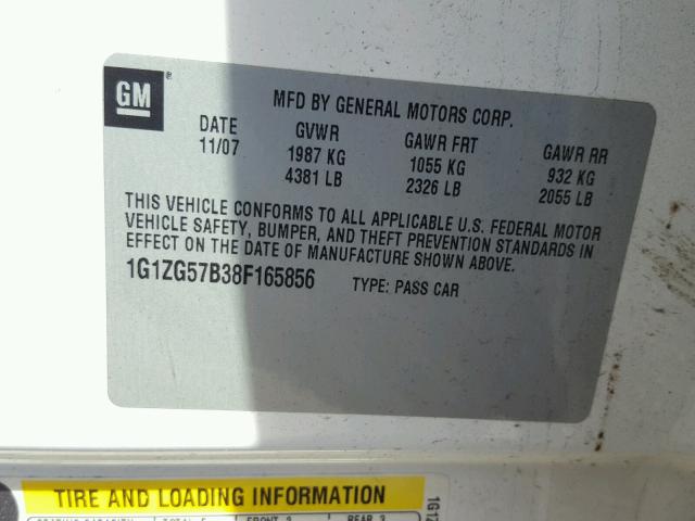 1G1ZG57B38F165856 - 2008 CHEVROLET MALIBU LS 白色 照片 10