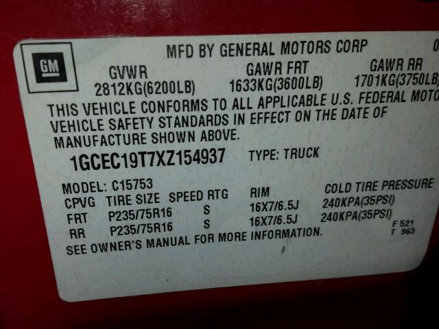 1GCEC19T7XZ154937 - 1999 CHEVROLET SILVERADO RED photo 10