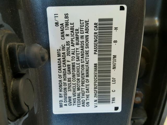 2HGFB2F92CH516688 - 2012 HONDA CIVIC EXL GRAY photo 10