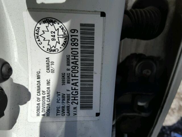 2HGFA1F09AH018919 - 2010 HONDA CIVIC EXL 白色 照片 10