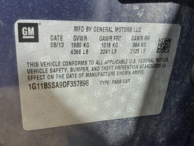 1G11B5SA9DF357898 - 2013 CHEVROLET MALIBU LS ლურჯი ფოტო 10