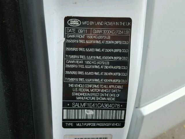 SALMF1E41CA364078 - 2012 LAND ROVER RANGE ROVE WHITE photo 10