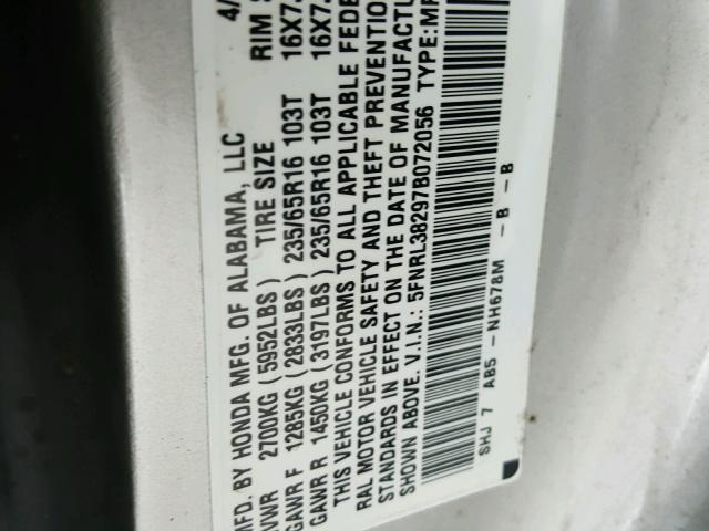 5FNRL38297B072056 - 2007 HONDA ODYSSEY LX SILVER photo 10