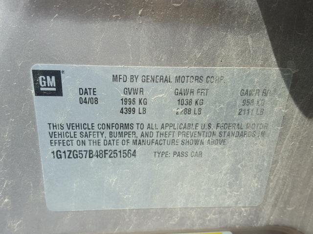 1G1ZG57B48F251564 - 2008 CHEVROLET MALIBU LS 棕色 照片 10