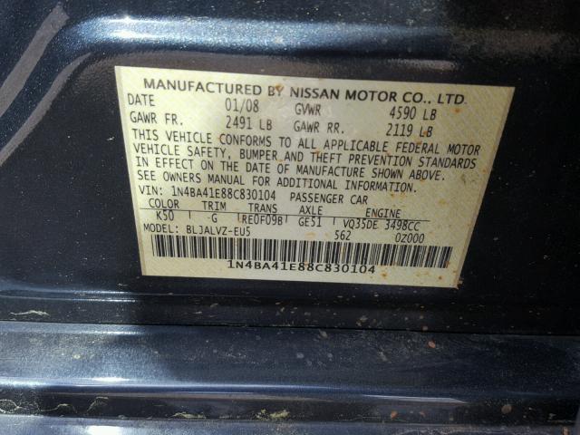 1N4BA41E88C830104 - 2008 NISSAN MAXIMA SE GRAY photo 10