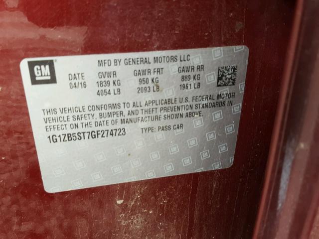 1G1ZB5ST7GF274723 - 2016 CHEVROLET MALIBU LS MAROON photo 10