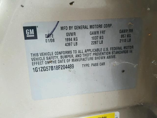 1G1ZG57B18F204489 - 2008 CHEVROLET MALIBU LS 金色 照片 10