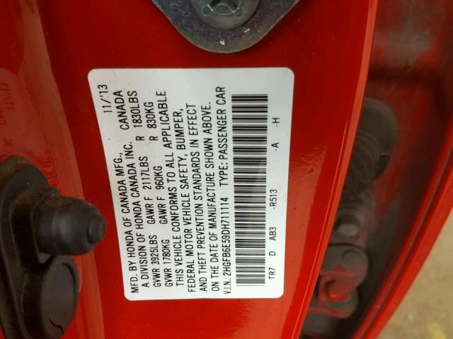 2HGFB6E59DH711114 - 2013 HONDA CIVIC SI RED photo 10