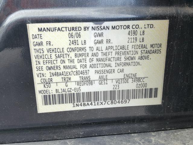 1N4BA41EX7C804697 - 2007 NISSAN MAXIMA SE BLUE photo 10