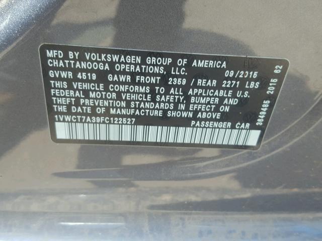 1VWCT7A39FC122527 - 2015 VOLKSWAGEN PASSAT SEL SILVER photo 10