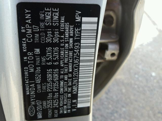 KM8JN12DX7U675493 - 2007 HYUNDAI TUCSON SE SILVER photo 10