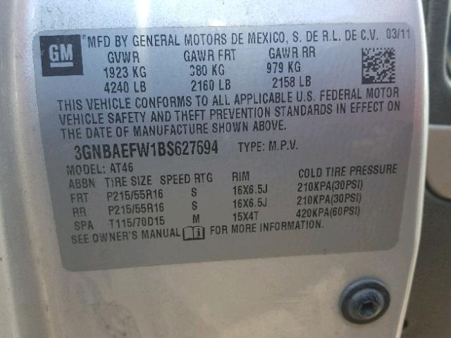 3GNBAEFW1BS627694 - 2011 CHEVROLET HHR LS SILVER photo 10