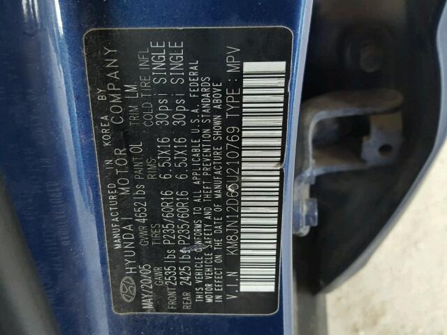 KM8JN12D65U210769 - 2005 HYUNDAI TUCSON GLS BLUE photo 10