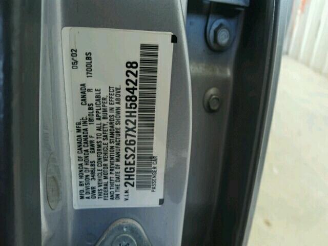 2HGES267X2H584228 - 2002 HONDA CIVIC EX ვერცხლისფერი ფოტო 10