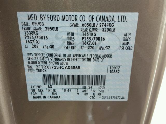 2FTRX17234CA05868 - 2004 FORD F-150 HERI GOLD photo 10