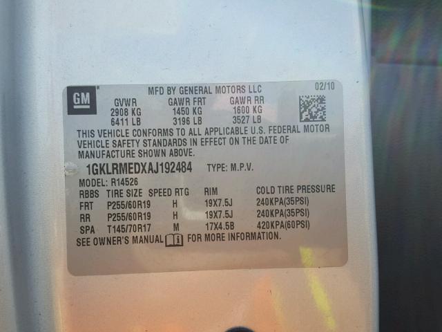 1GKLRMEDXAJ192484 - 2010 GMC ACADIA SLT ვერცხლისფერი ფოტო 10